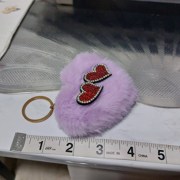 Heart Shaped Purple Pom Pom Keychain With Rhinestone Hearts Lovely Cute - Picture 4 of 4